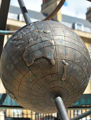 Bronze globe remembering the path of the First Fleet to Australia in 1787