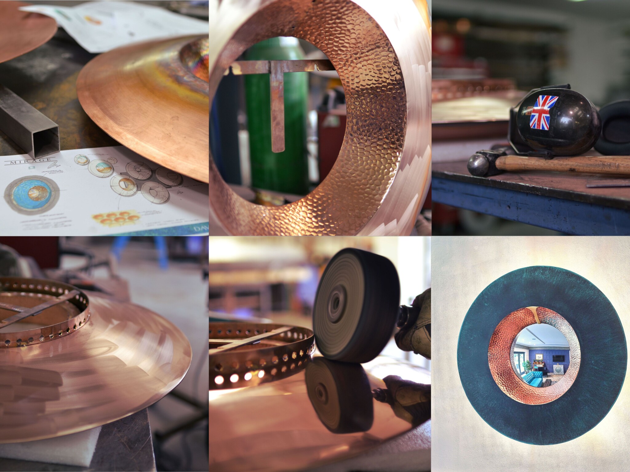 A montage of images illustrating the craftsmanship involved in making a luxury David Harber mirror.