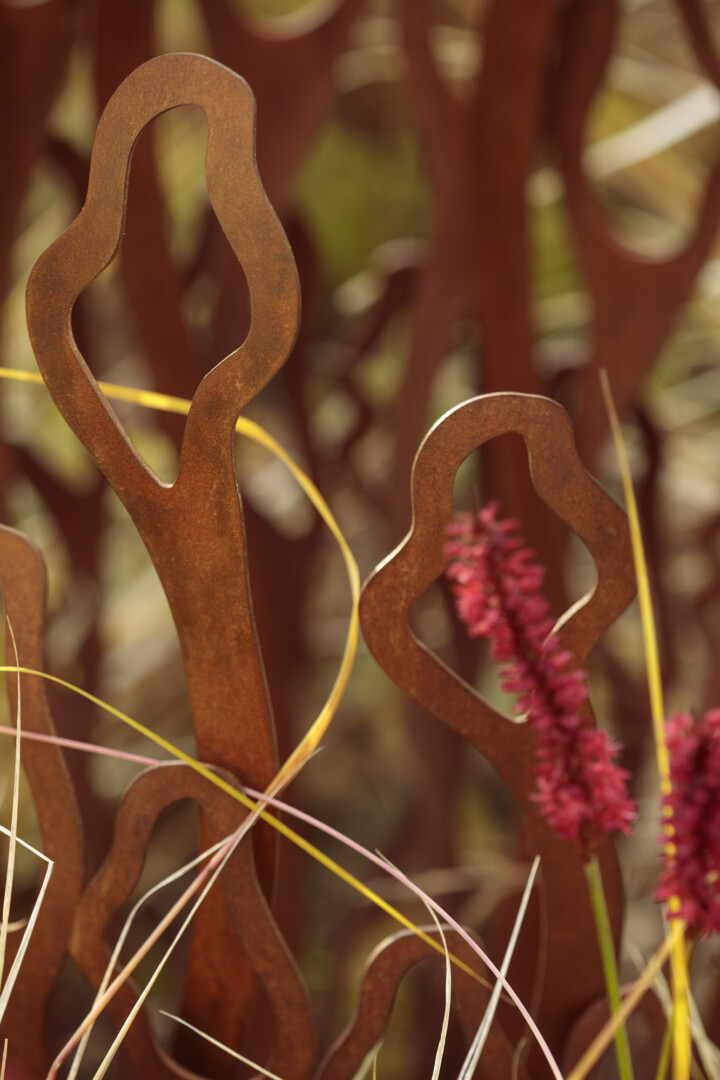 Rust-coloured metal sculptures with abstract, organic cut-out shapes stand among grasses and reddish-purple flowers. The background is softly blurred, emphasising the weathered metal textures and the delicate flower spikes and stems in the foreground.
