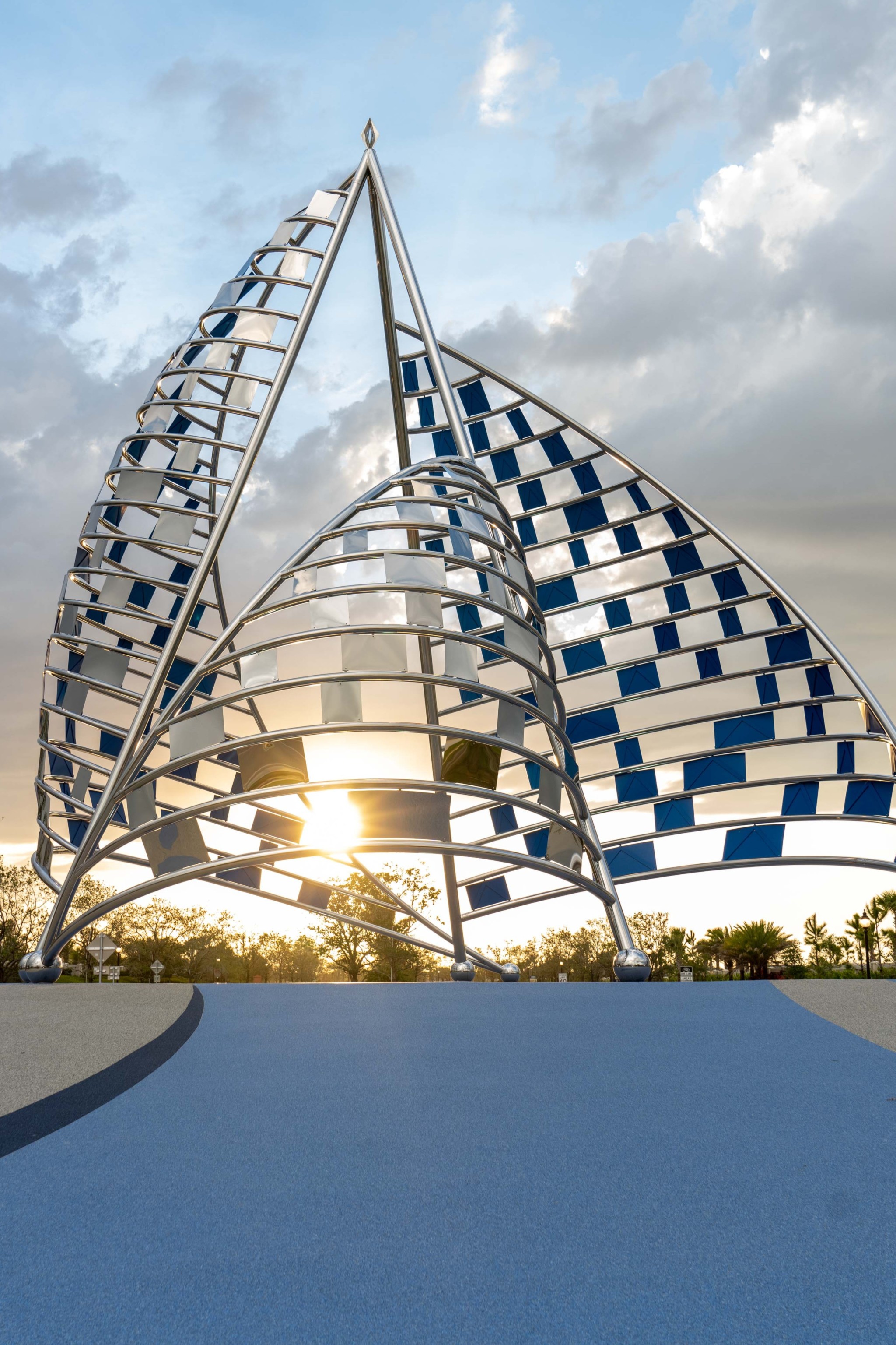 Stainless steel maritime sculpture called The Spinnakers.