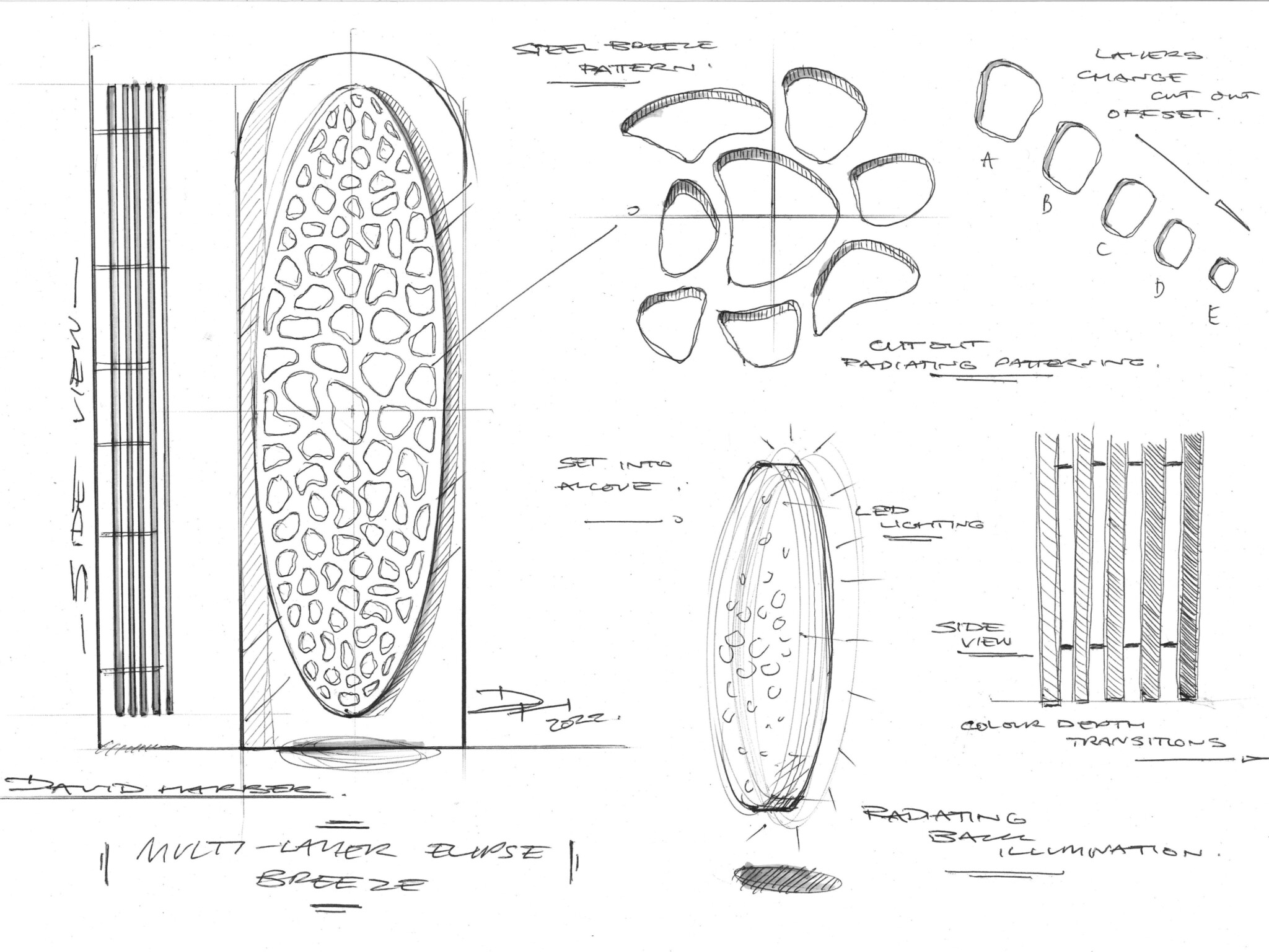 Initial sketches of a David Harber interior sculpture called Aegis.