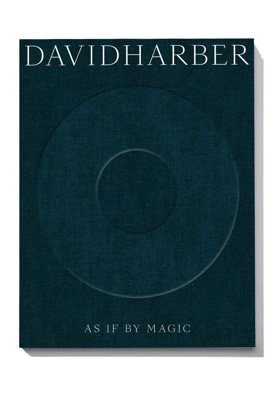 A book cover with a dark teal textured background features faint concentric circles. At the top, large white text reads DAVID HARBER. At the bottom, smaller white text says AS IF BY MAGIC. The cover casts a subtle shadow to the right.