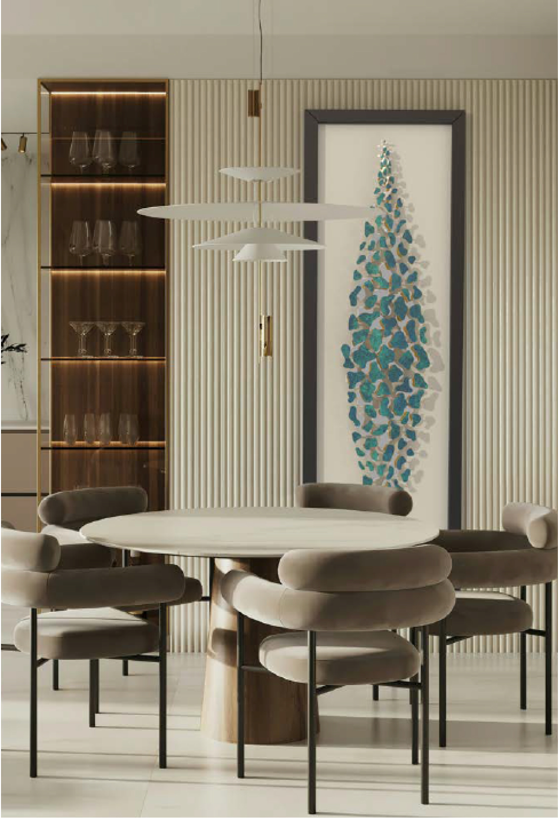 Modern dining room with a round table, six padded chairs, and Terra wall art in stainless steel above a glassware cabinet.