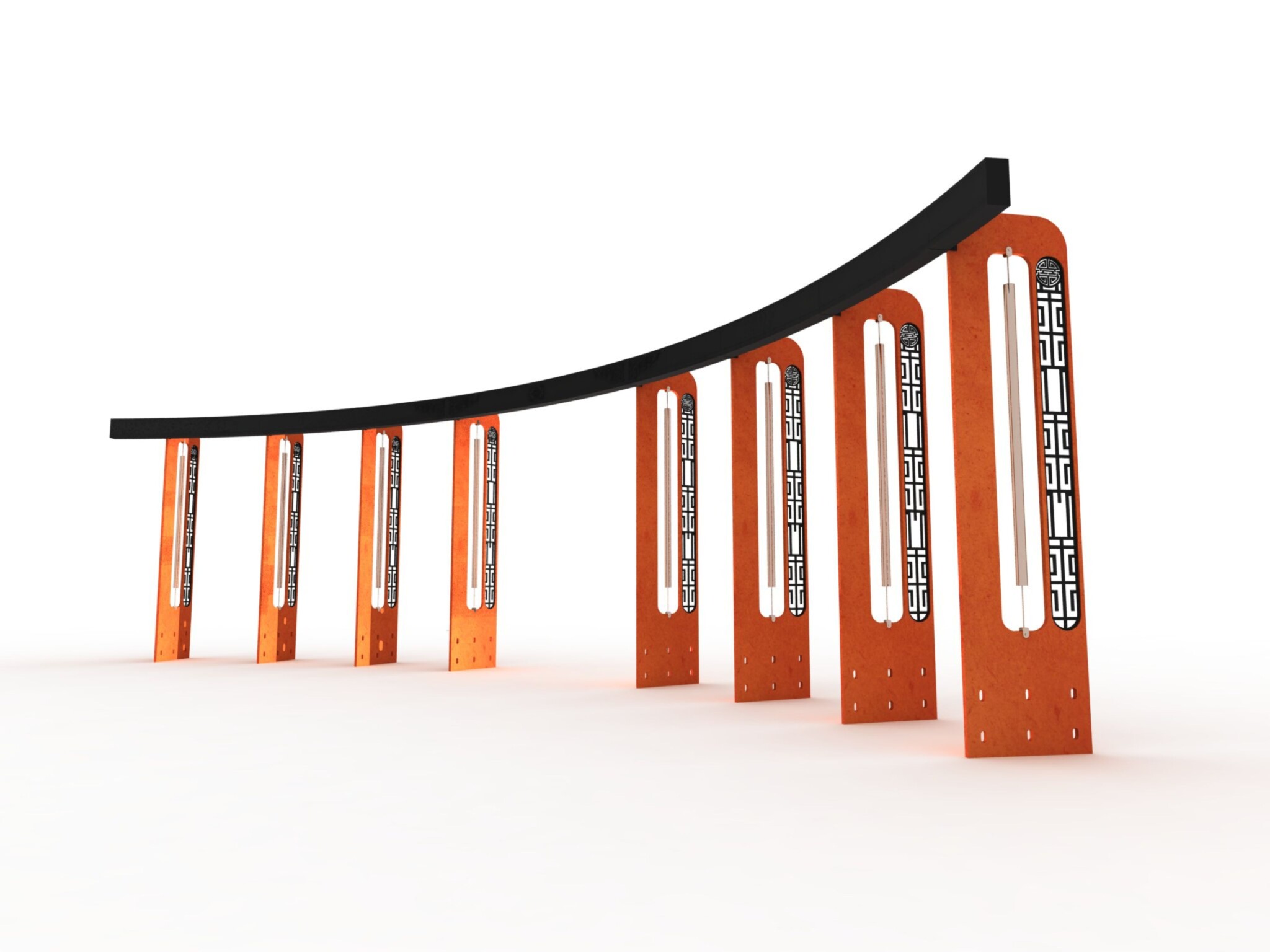 Render image of a large outdoor sculpture made up of eight giant corten steel blades.