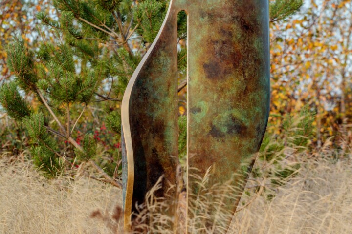 A tall flo contemporary abstracts sculpture made from bronze finish and gold leaf stands in dry grass, partially framed by green pine branches and autumnal trees. Its weathered, mottled surface features a striking vertical cut-out in the centre.