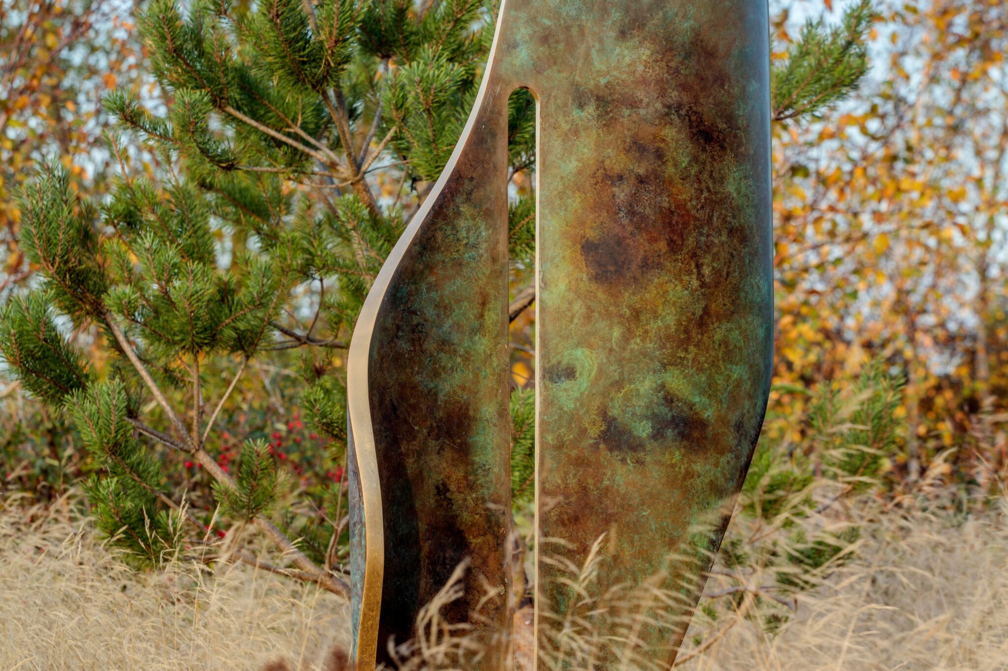 Close-up of intricate hot patination technique on David Harber's organic leaf-like sculpture, Flo.