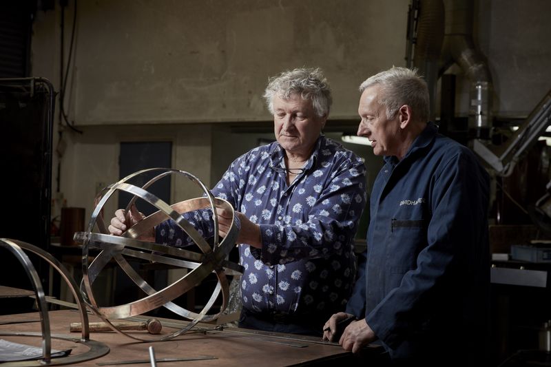 David Harber checking the armillar sphere