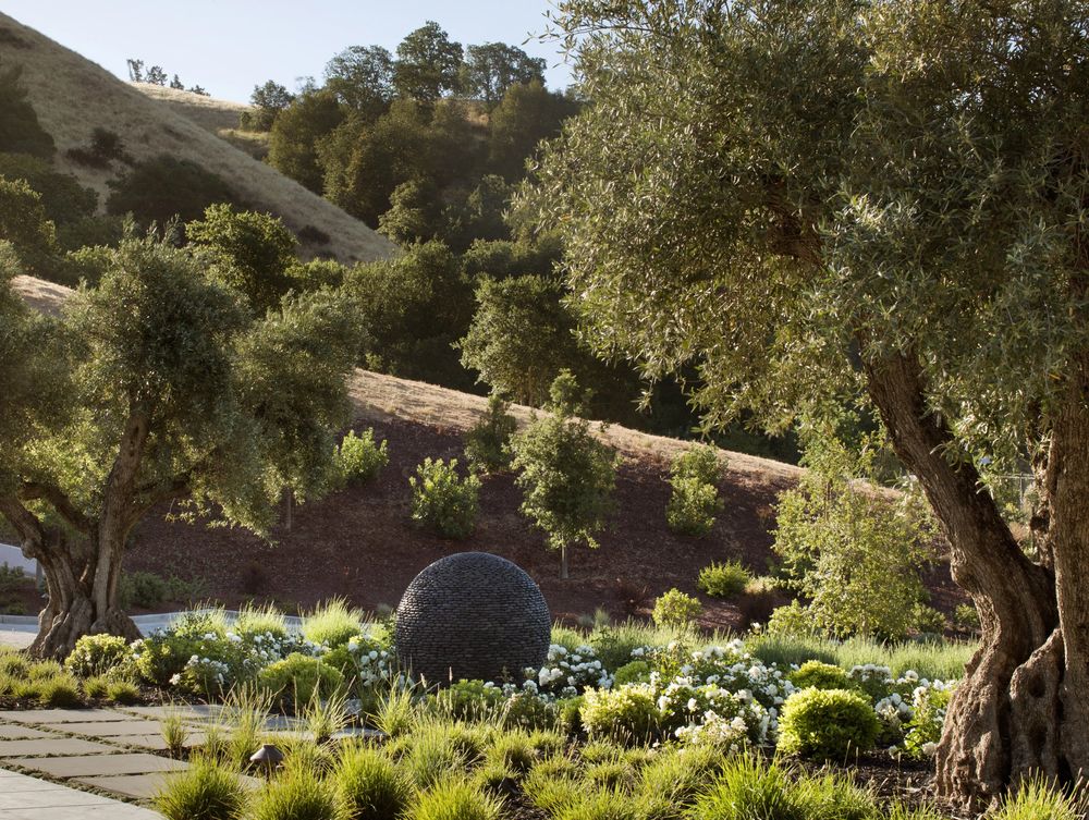 architectural garden design with round black stone sculpture, olive trees, and scenic hills behind